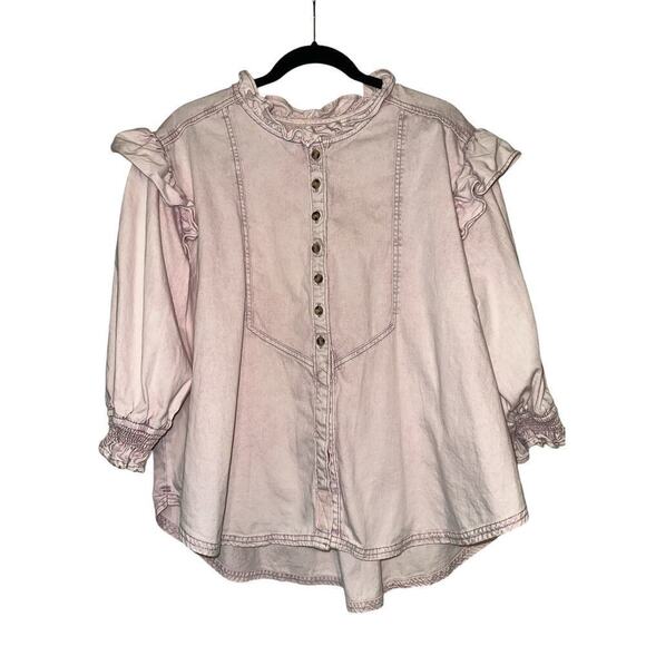 We The Free Women's 3/4 Sleeve Button Front Ruffle Louise Denim Top Size L Lilac - Picture 2 of 10
